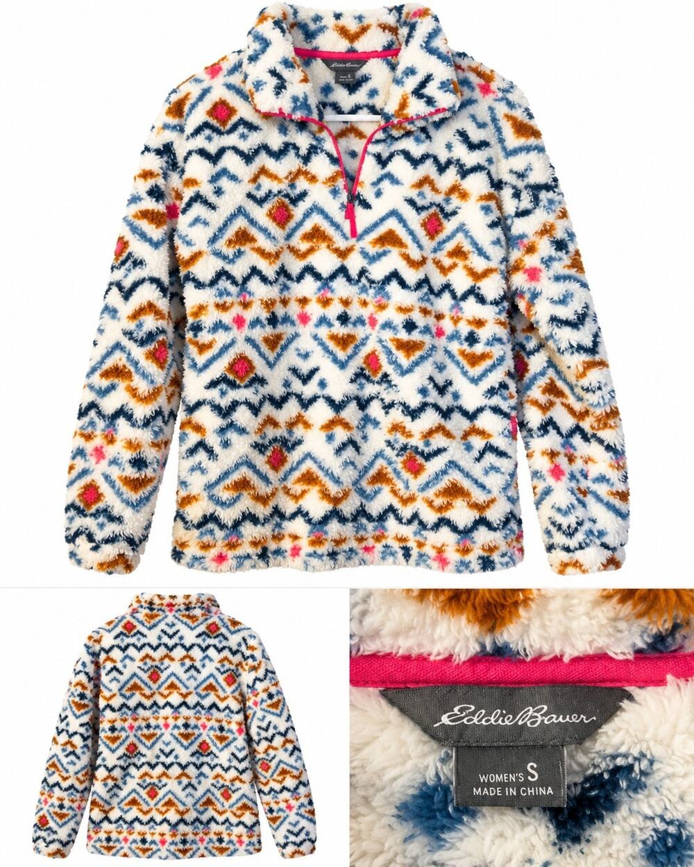 Eddie Bauer Women's Size Small White Blue Geometric 1/4 Zip Fleece Jacket